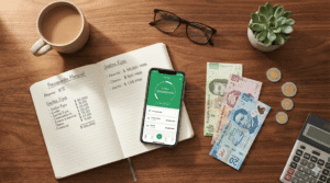 libreta con anotaciones de gastos, hay un celular, monedas y una calculadora