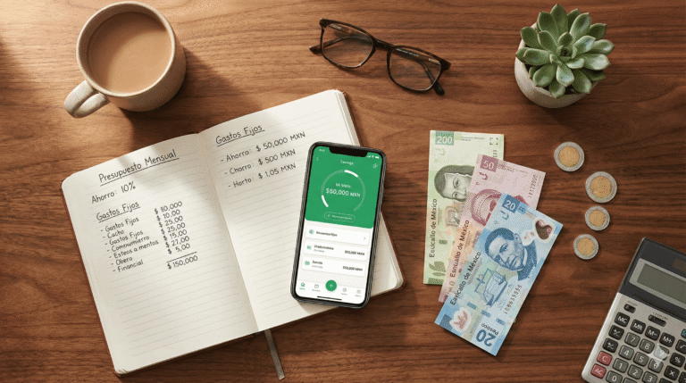 libreta con anotaciones de gastos, hay un celular, monedas y una calculadora