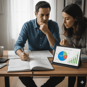 Hombre en una mesa pensando en los gastos. En la mesa hay un cuaderno con anotaciones de sus gastos, deudas y ahorro. Hay una tableta con una grafica de sus finanzas.