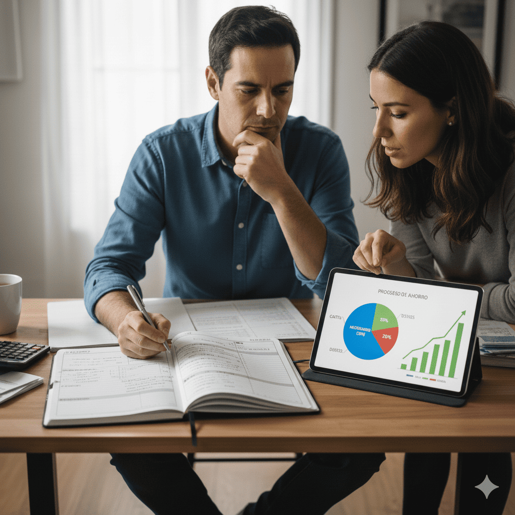 Hombre en una mesa pensando en los gastos. En la mesa hay un cuaderno con anotaciones de sus gastos, deudas y ahorro. Hay una tableta con una grafica de sus finanzas.