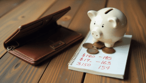 Billetera vacía sobre una mesa de madera, unas monedas y una alcancía arriba de un cuaderno con números de gastos en rojo.