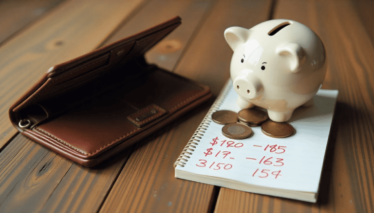 Billetera vacía sobre una mesa de madera, unas monedas y una alcancía arriba de un cuaderno con números de gastos en rojo.