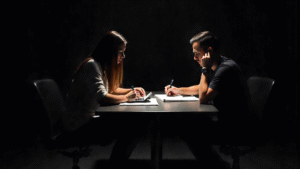 Familiar alrededor de mesa con notas, calculadora y bolígrafo, ambiente de preocupación y tensión.