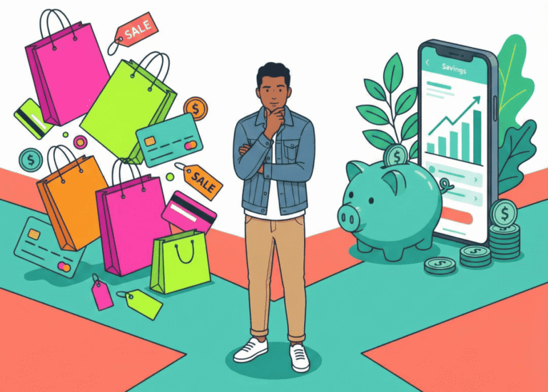 Joven (25-35 años) en una encrucijada entre dos caminos. Camino izquierdo: bolsas de compras, tarjetas de crédito y etiquetas de ofertas flotando. Camino derecho: alcancía de ahorro y organizada, smartphone con app de ahorro y crecimiento financiero.