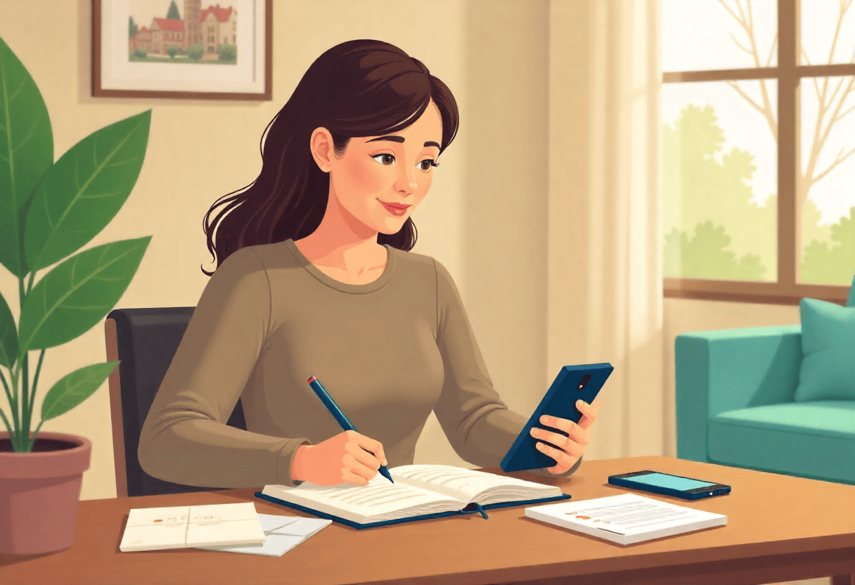 Ilustración de una joven adulta revisando sus finanzas en una mesa, con un cuaderno, un teléfono inteligente con una aplicación de presupuesto y sobres etiquetados.