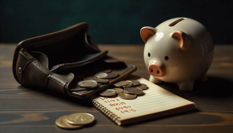 Una billetera sin dinero y las monedas de los ahorros saliendo de un puerquito roto. Hay una libreta con números rojos de los gastos del mes.