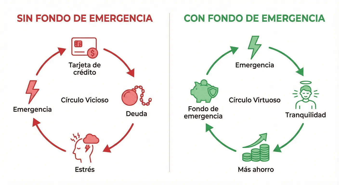 Gráfico comparativo mostrando el ciclo vicioso sin fondo de emergencia vs. el ciclo virtuoso con fondo de emergencia