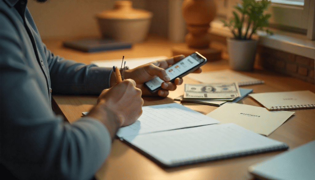 Un adulto tranquilo está sentado en un escritorio con una libreta, un teléfono inteligente que muestra una aplicación de ahorro y sobres organizados con las etiquetas "Fondo de Emergencia", "Ahorros" y "Esenciales".