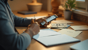 Un adulto tranquilo está sentado en un escritorio con una libreta, un teléfono inteligente que muestra una aplicación de ahorro y sobres organizados con las etiquetas "Fondo de Emergencia", "Ahorros" y "Esenciales".