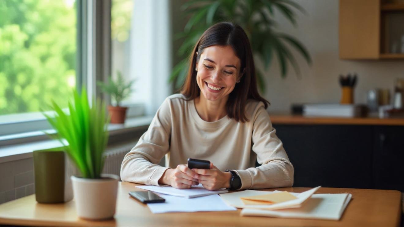 Ilustración de una persona con una sonrisa revisando sus finanzas con un celular y sobres de presupuesto en la mesa para no Vivir al día en las finanzas