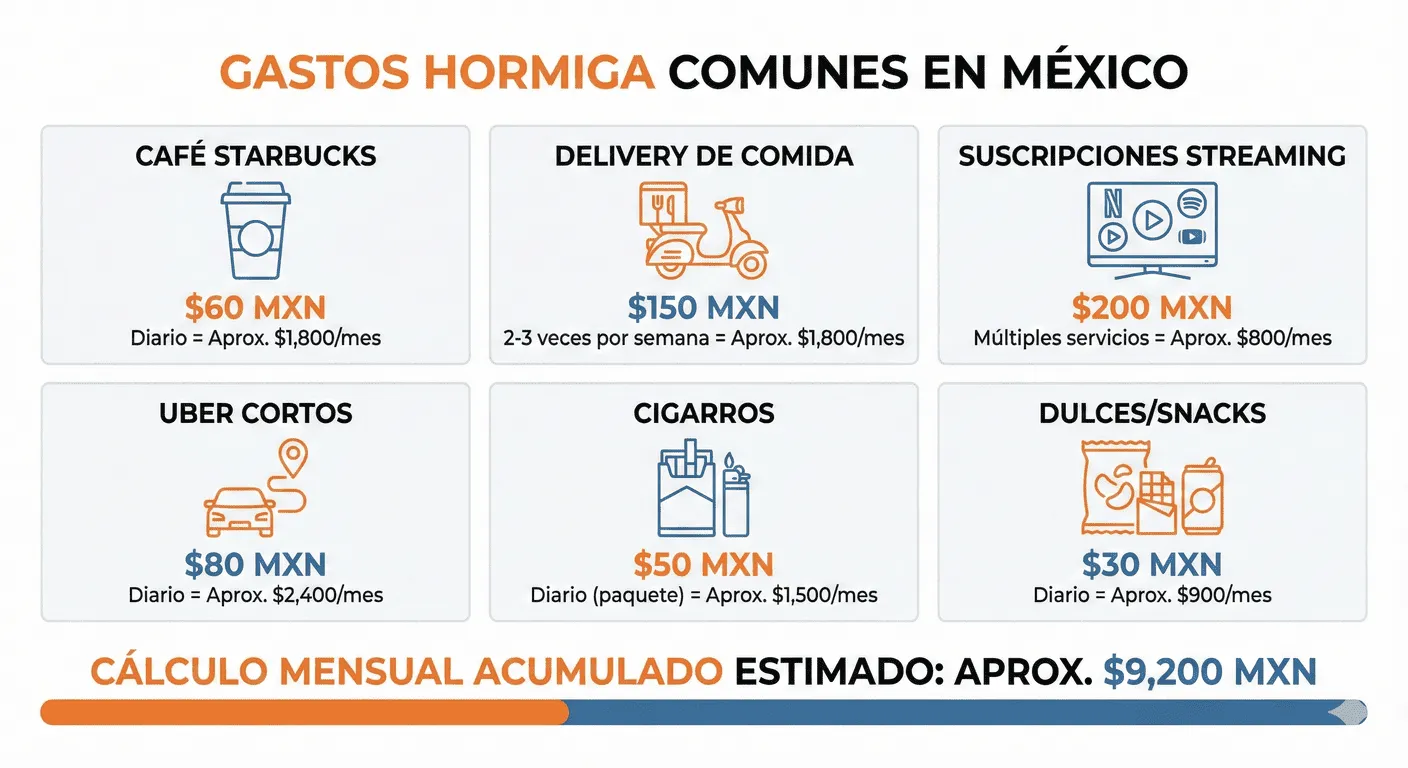 Infografía mostrando 6 gastos hormiga comunes en México: café Starbucks ($60), delivery de comida ($150), suscripciones streaming ($200), Uber cortos ($80), cigarros ($50), dulces/snacks ($30), y cálculo mensual acumulado