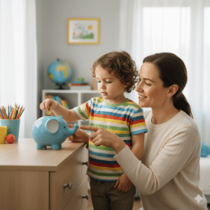Niño colocando una moneda en una alcancía con un adulto guiándole