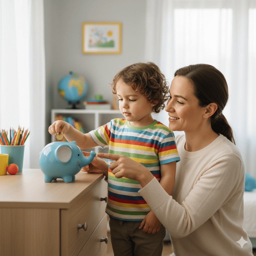 Niño colocando una moneda en una alcancía con un adulto guiándole
