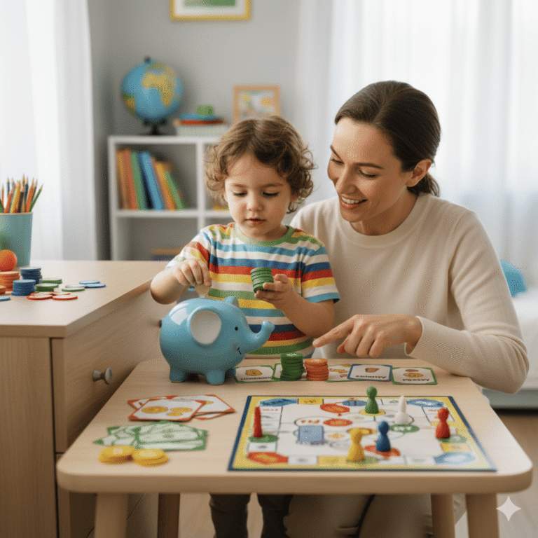 Un niño con su mamá jugando con juegos de mesas sobre educación financiera. El niño está aprendiendo a ahorrar.