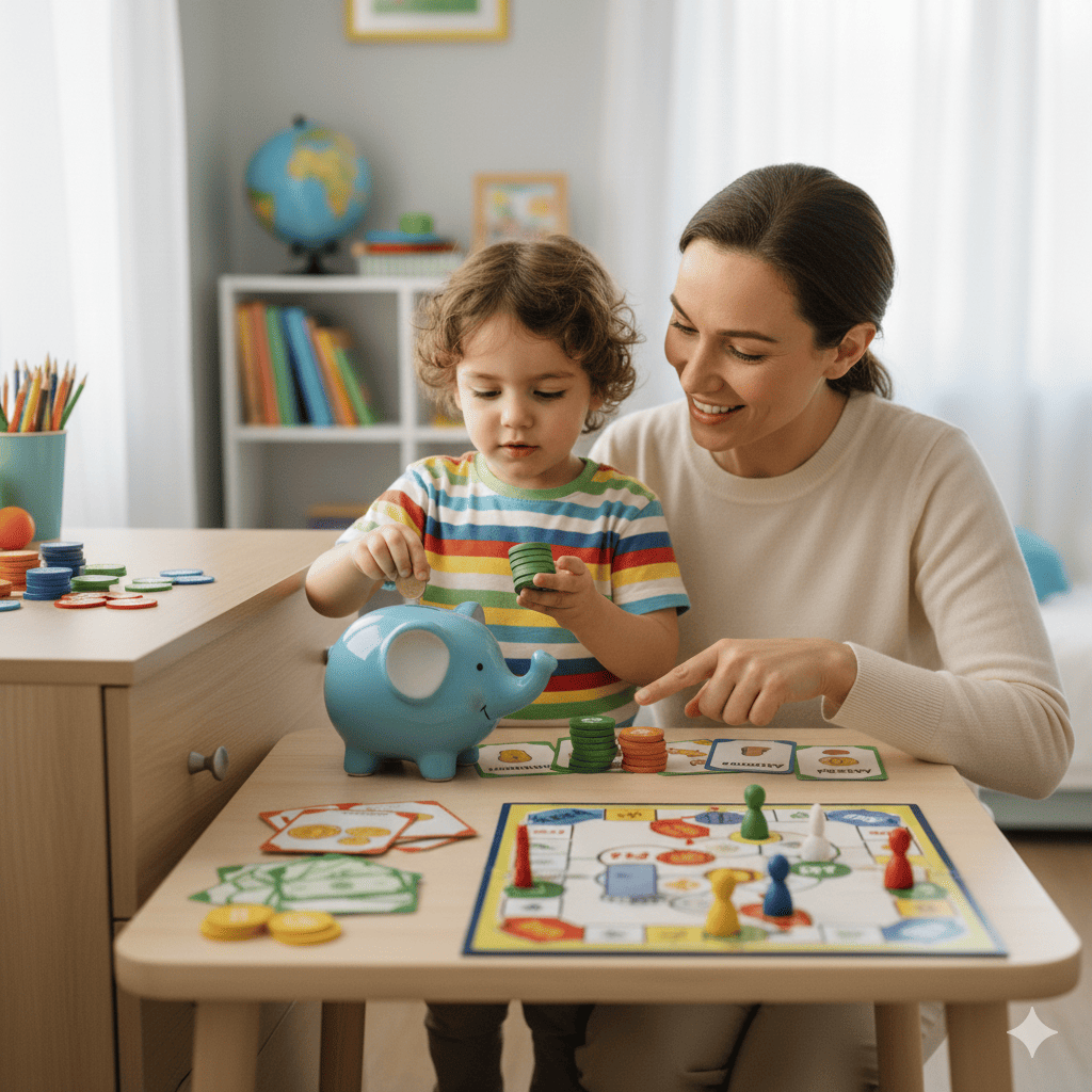 Un niño con su mamá jugando con juegos de mesas educativos sobre dinero. El niño está aprendiendo a ahorrar.