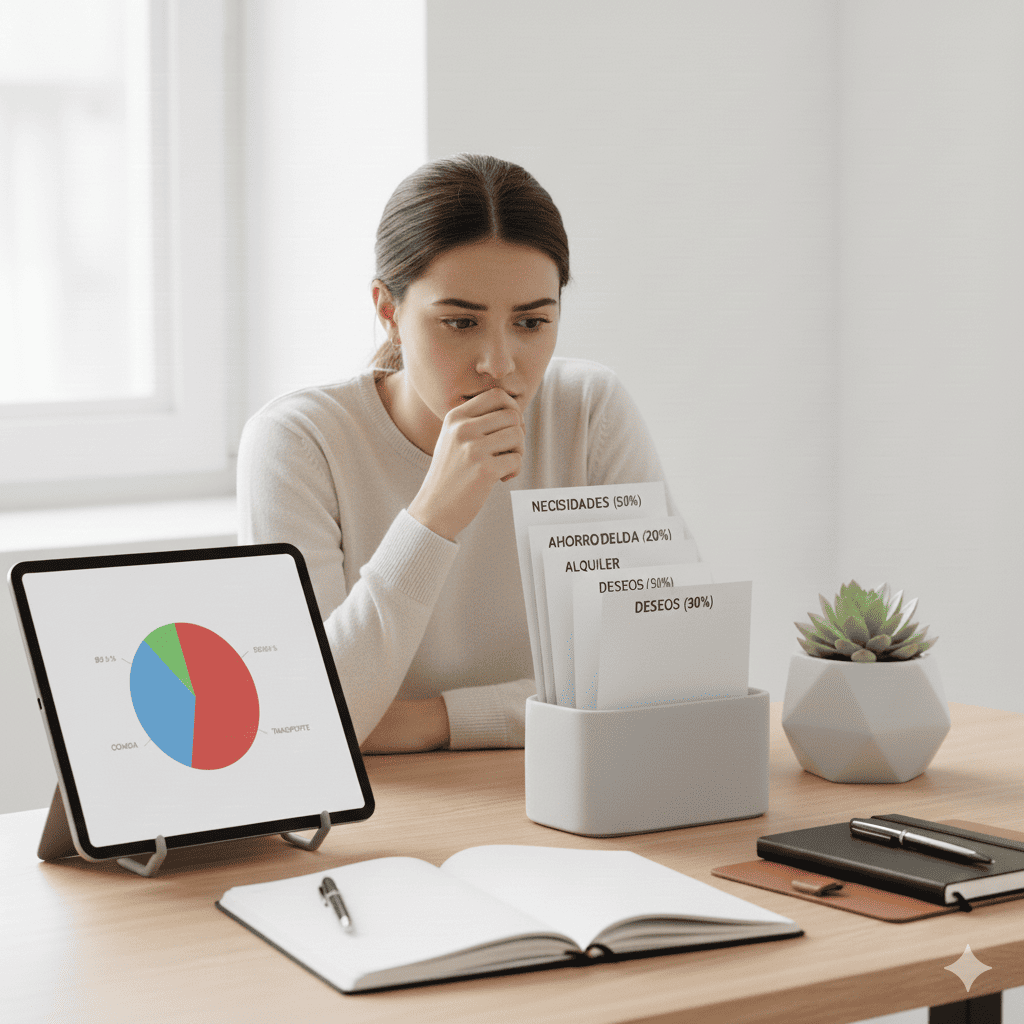 Joven con semblante de preocupación y sobres escritos, Deudas, Gastos, Ahorro, Renta. Hay una tableta con un grafico mostrando sus finanzas