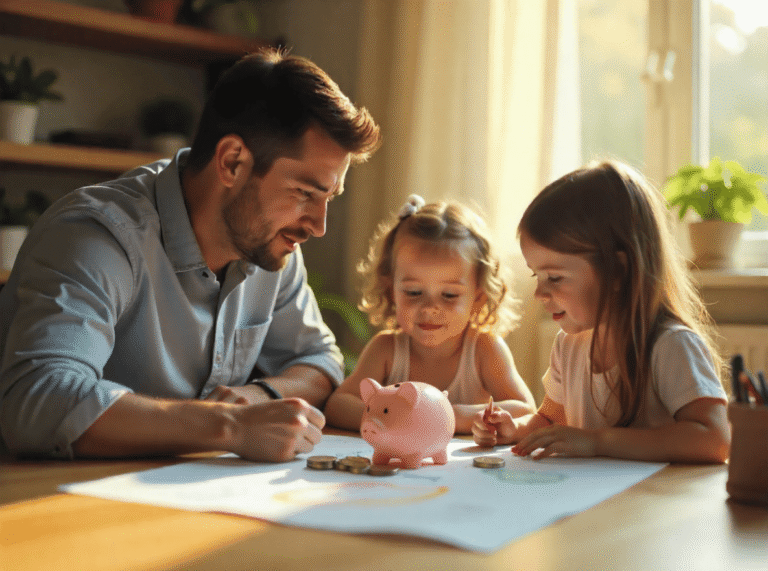Padre enseñando educación financiera a sus niñas, con unas monedas, dibujos y un puerquito