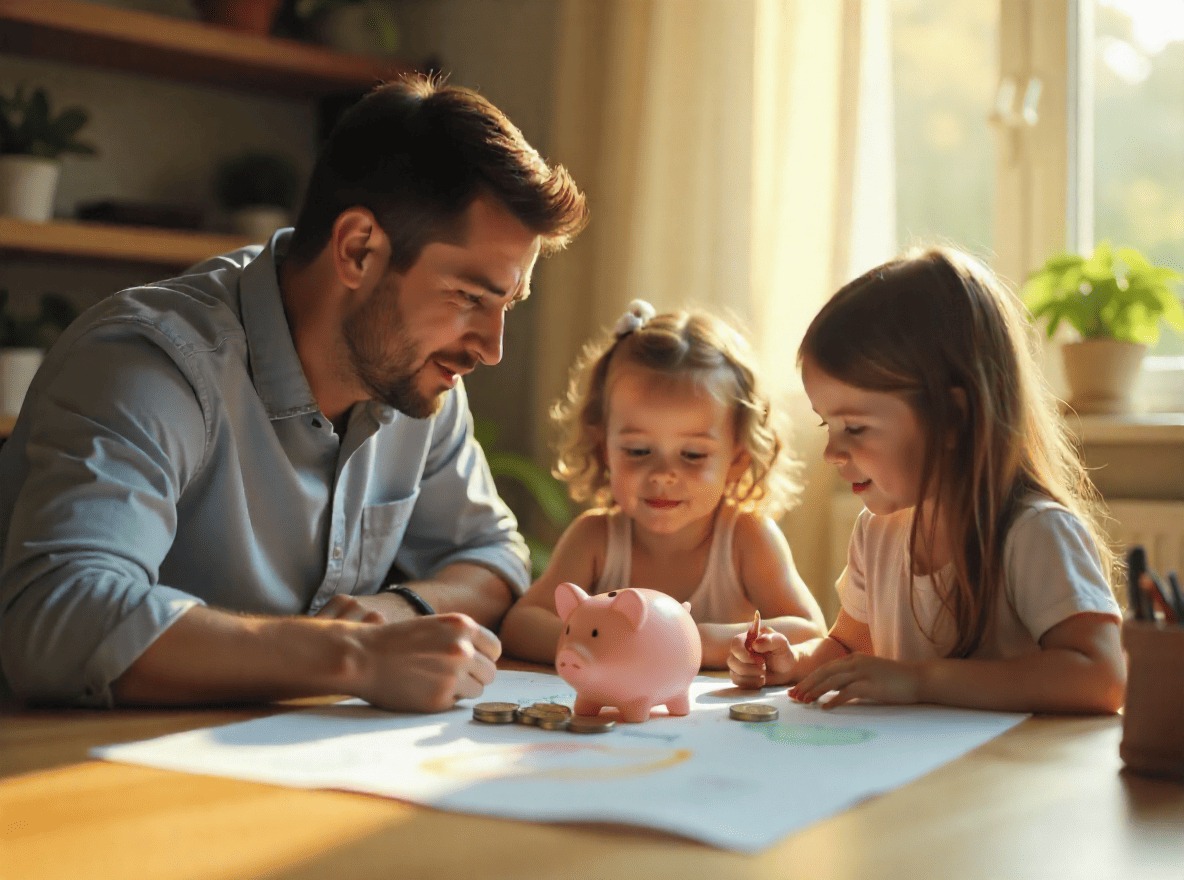 Padre enseñando educación financiera a sus niñas, con unas monedas, dibujos y un puerquito