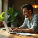 Emprendedor sonriente trabajando en laptop con Negocios que Dejan Dinero