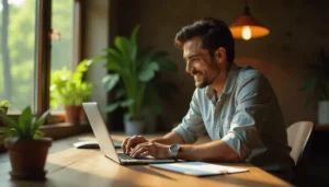 Emprendedor sonriente trabajando en laptop con Negocios que Dejan Dinero