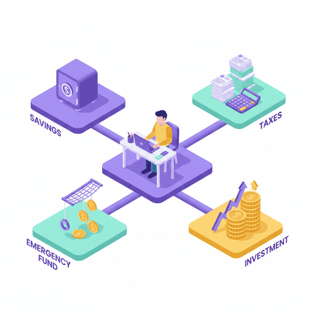 es una ilustración donde una persona en el centro de la imagen está trabajando en un escritorio con una computadora portátil, conectada por pasillos a cuatro plataformas circundantes. La plataforma superior izquierda, etiquetada como "AHORROS". La plataforma superior derecha, etiquetada como "IMPUESTOS". La plataforma inferior izquierda, etiquetada como "FONDO DE EMERGENCIA". La plataforma inferior derecha, etiquetada como "INVERSIÓN".