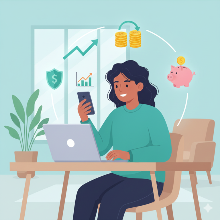 Caricatura de una Joven viendo el celular, Está sentada en un escritorio con una computadora abierta. Hay símbolos de inversión, grafica y alcancía a su alrededor.