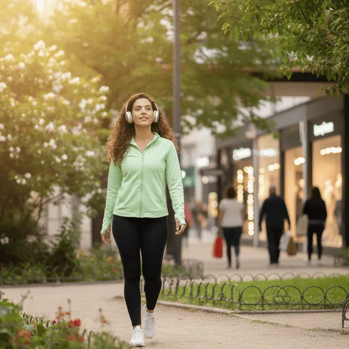 Mujer caminando en parque de manera tranquila y serena, atrás hay tiendas y gente comprando