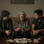 familia sentados en el sofá y en la mesa de centro dinero y facturas, en montos