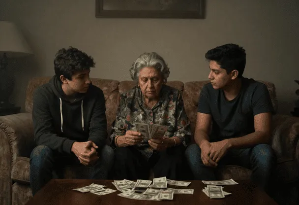 familia sentados en el sofá y en la mesa de centro dinero y facturas, en montos