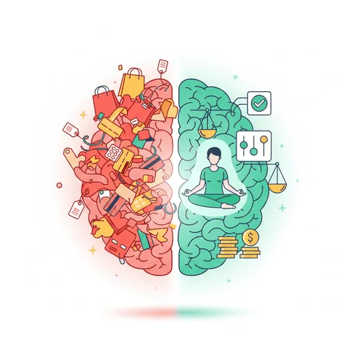 ilustración de cerebro con lado caótico con símbolos de compras y tarjetas, otro lado organizado con símbolos de meditación y control.