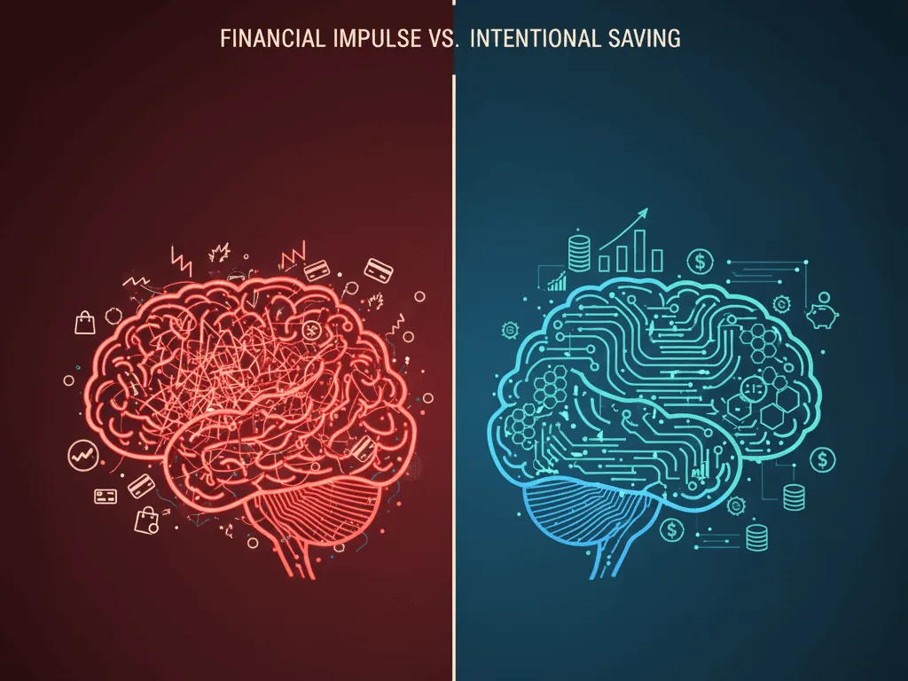 Ilustración de dos cerebros: uno con impulsos caóticos representando gastos impulsivos, otro con patrones organizados representando ahorro intencional