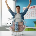 Joven celebrando frente a alcancía transparente llena de monedas y billetes, expresión de logro y satisfacción, calendario de desafío marcados en fondo