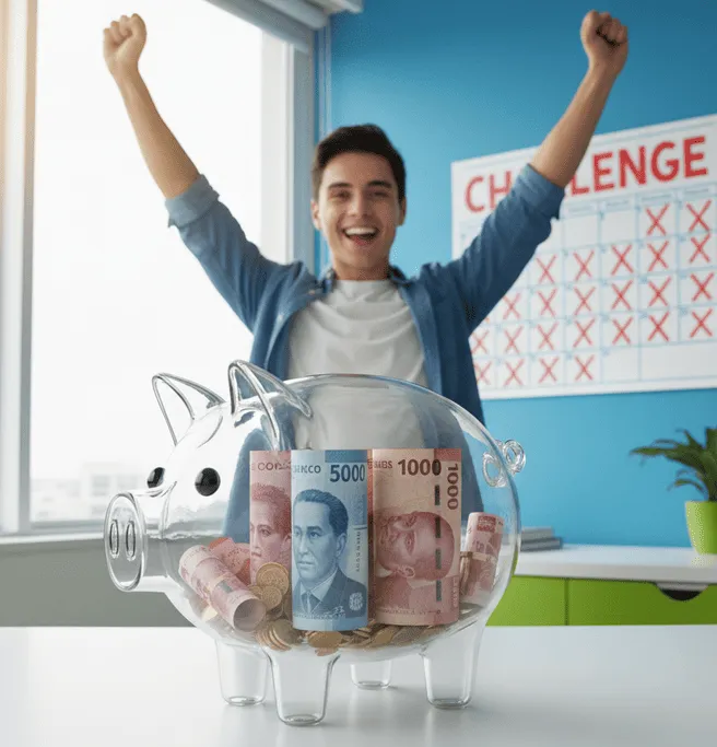 Joven celebrando frente a alcancía transparente llena de monedas y billetes, expresión de logro y satisfacción, calendario de desafío marcados en fondo