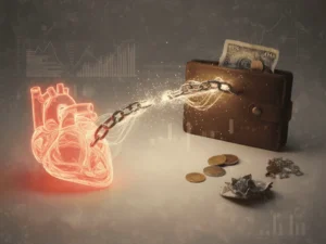 corazón ligado a una billetera con una cadena rota, representando la mala relación entre ambos