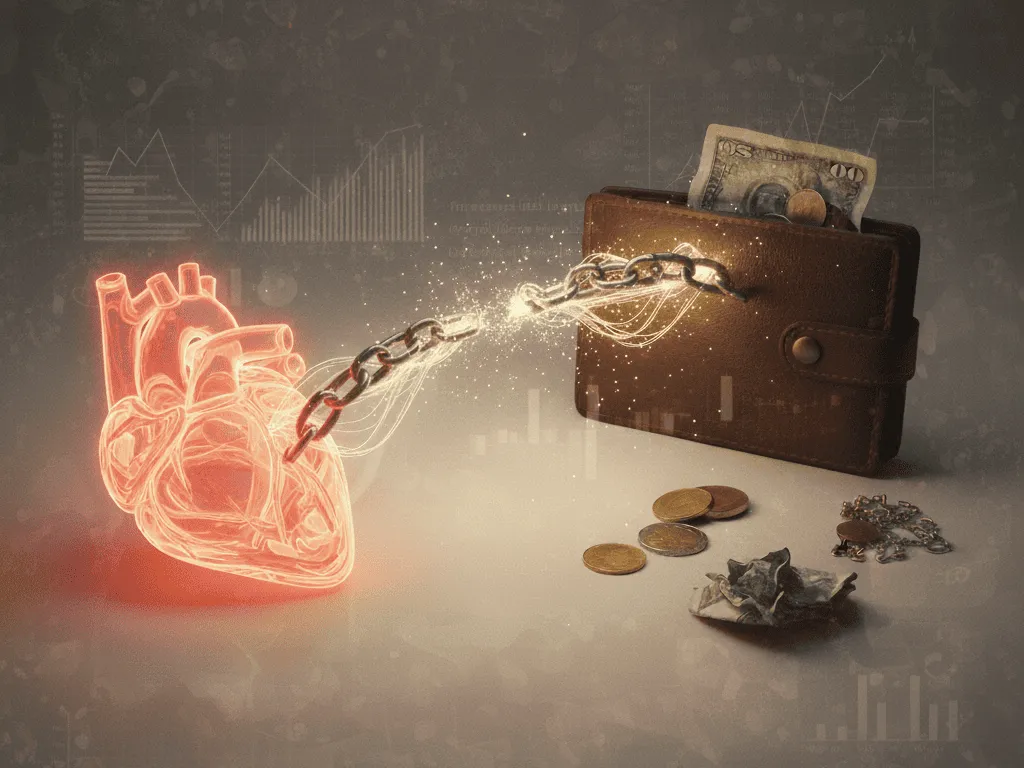 corazón ligado a una billetera con una cadena rota, representando la mala relación con el dinero