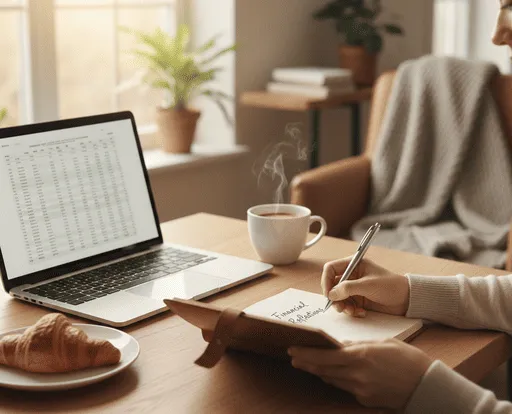 Un adulto tranquilo está sentado en un escritorio con una libreta, un teléfono inteligente que muestra una aplicación de ahorro y sobres organizados con las etiquetas "Fondo de Emergencia", "Ahorros" y "Esenciales".