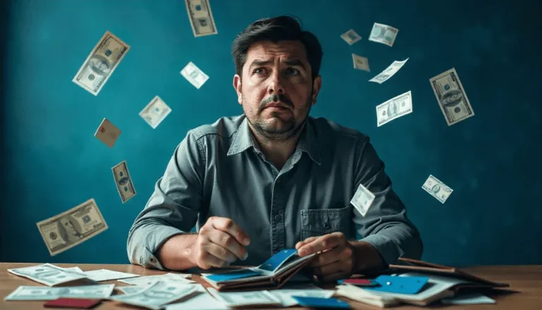 Hombre adulto pensando como salir de sus deudas. muchas facturas en la mesa y dinero por los aires.