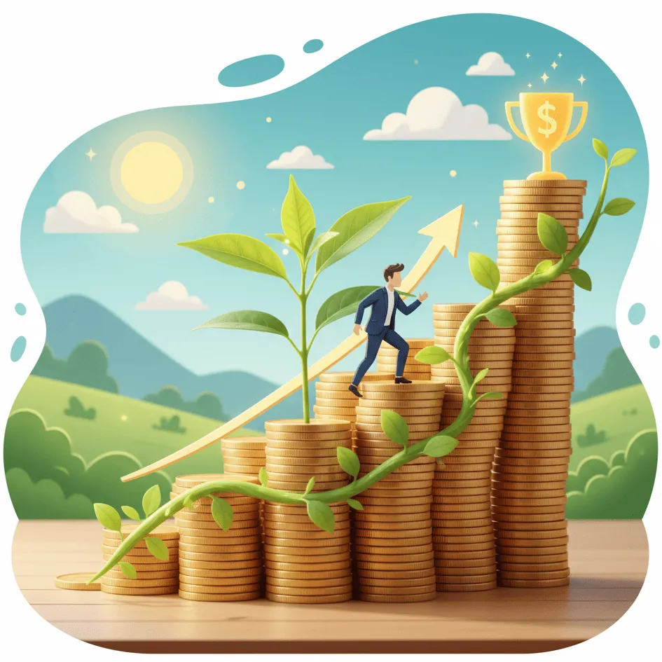 Gráfica de progreso ascendente ilustrada creativamente con monedas formando escalones, persona subiendo escaleras en miniatura hacia meta financiera.