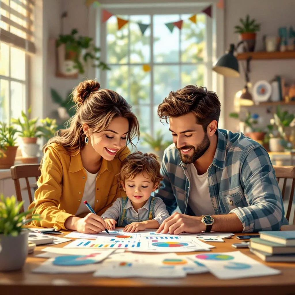 pareja con su hijo en la sala haciendo un presupuesto. en la mesa hay graficas y están anotando cosas.