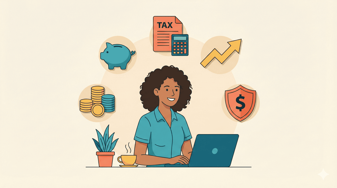 Una mujer está sentada en un escritorio con una laptop, una taza de café y una maceta. A su alrededor, en marcos circulares, se encuentran iconos que representan conceptos financieros: una alcancía, montones de monedas, un documento de impuestos con una calculadora, un gráfico de tendencia alcista y un escudo con un símbolo de dólar.