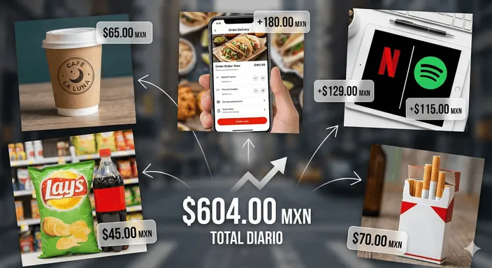 Collage fotográfico de pequeñas compras diarias: café para llevar, aplicaciones de delivery, suscripciones digitales, snacks en tienda, cigarros.