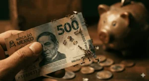 Mano sosteniendo billete de 500 pesos mexicanos con pequeñas hormigas caminando sobre él llevándose pedazos diminutos, fondo desenfocado con alcancía y monedas.