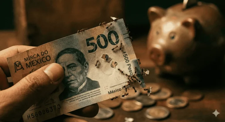 Mano sosteniendo billete de 500 pesos mexicanos con pequeñas hormigas caminando sobre él llevándose pedazos diminutos, fondo desenfocado con alcancía y monedas.