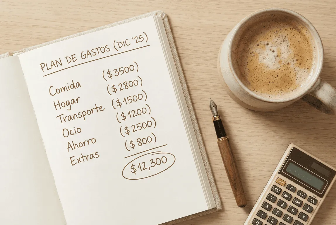 Libreta con todos los gastos anotados. hay una calculadora y una taza de café.