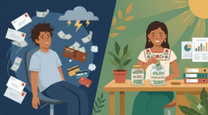 LADO IZQUIERDO (tonos fríos, azul oscuro) Persona estresada rodeada de facturas desordenadas, Billetera vacía, Tarjetas de crédito en desorden LADO DERECHO (tonos cálidos, verde y dorado) Persona tranquila organizando dinero en alcancías etiquetados "ahorro" y "emergencias"