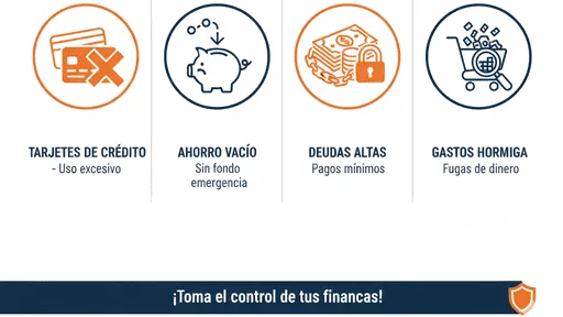 Infografía con iconos de advertencia financiera: tarjetas de crédito, ahorro vacío, deudas, gastos hormiga.