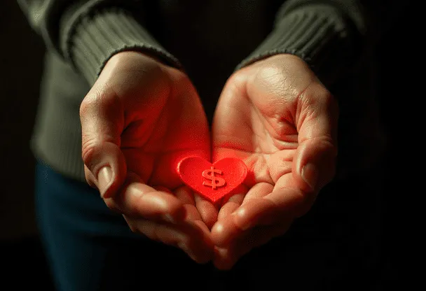 manos juntas con sosteniendo un corazón con símbolo de dinero, color rojo