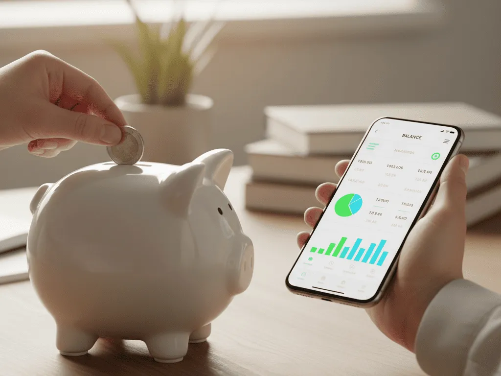 Mano colocando una moneda en una alcancía mientras sostiene smartphone con app de finanzas.