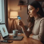 mujer con tarjeta de credito en la mano, pensando. hay una laptop abierta en una pagina y un carrito de compras.