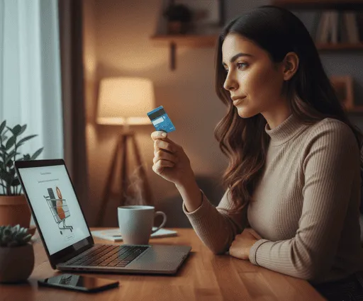 mujer con tarjeta de credito en la mano, pensando. hay una laptop abierta en una pagina y un carrito de compras.